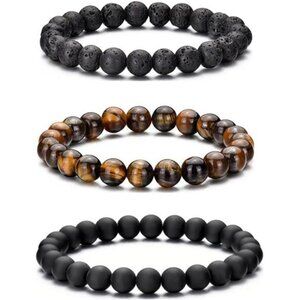 Mens 4Pcs Beaded Bracelet Set Tiger Eye Lava Stone Obsidian Adjustable Jewelry